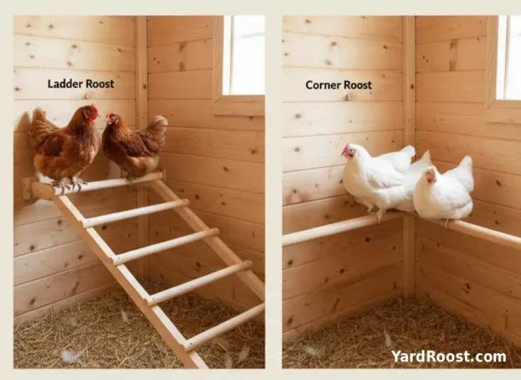 Ladder-style roost mounted to a coop wall above a removable droppings board.