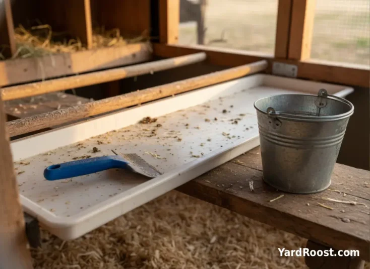 Small scraper and bucket beside a droppings board positioned under coop roost bars.