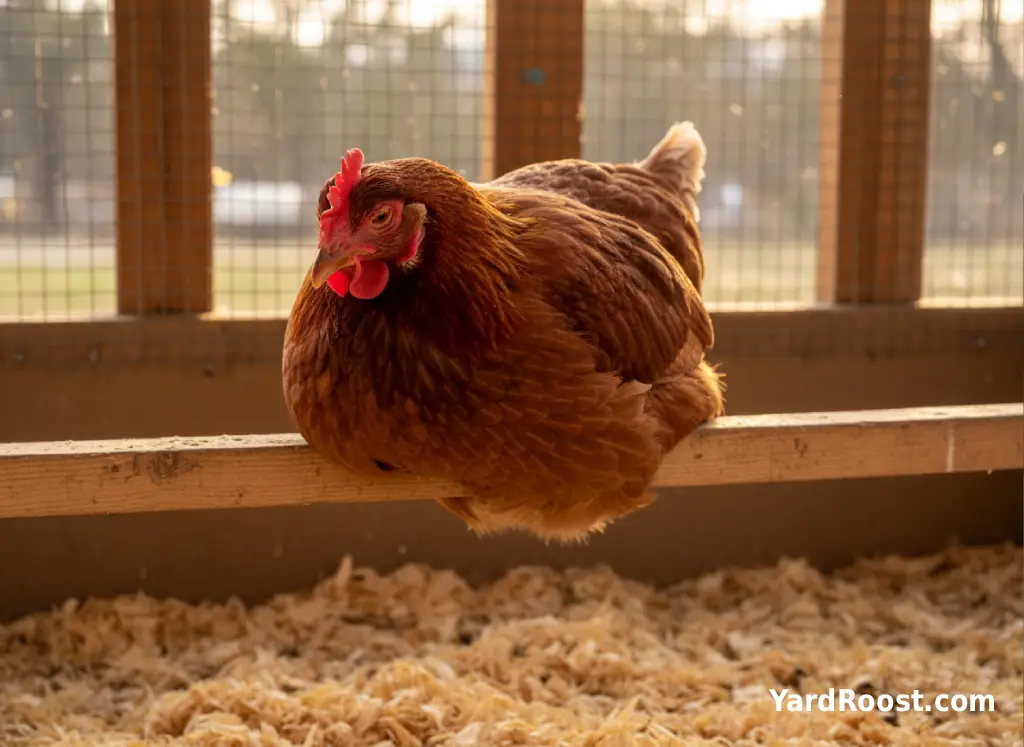 Wide flat roost bar with a hen tucked down over her feet inside a dry, well-ventilated coop.