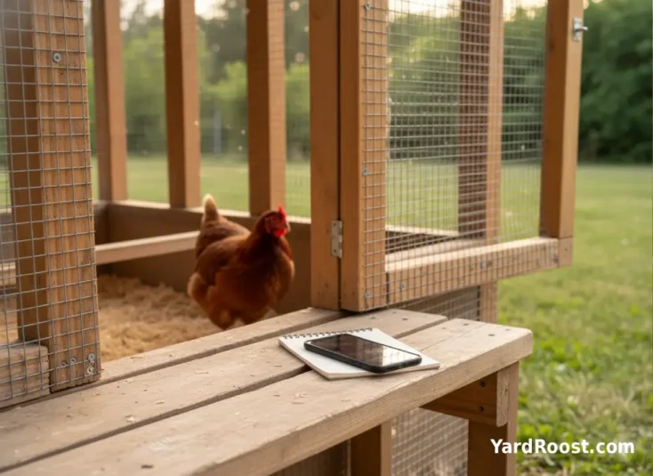 Phone and notepad beside a coop door with a hen standing quietly near the roost area.