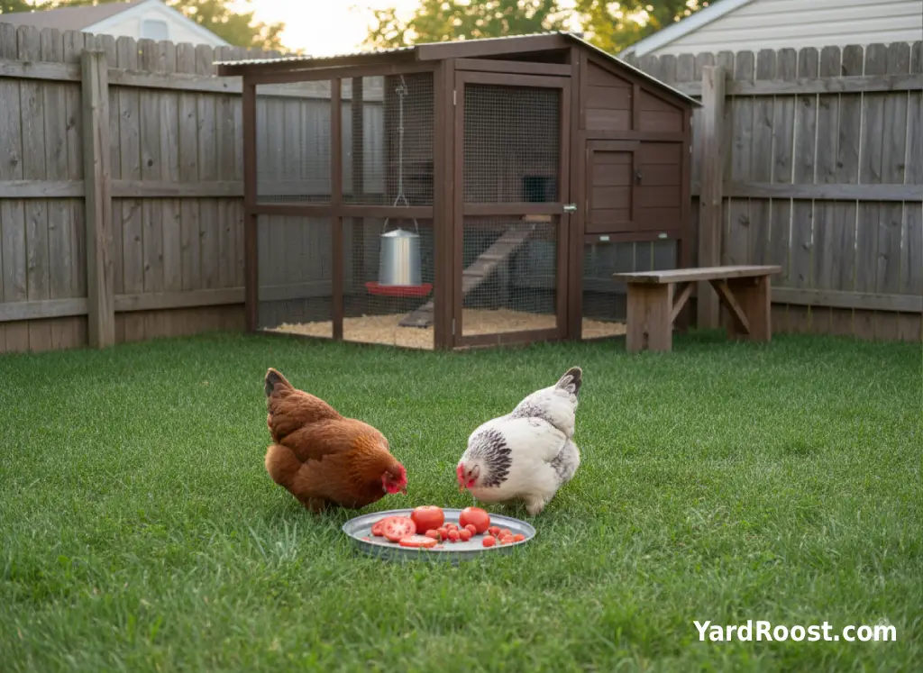 Two hens eating sliced ripe red tomato on a tray beside a backyard coop and covered run.