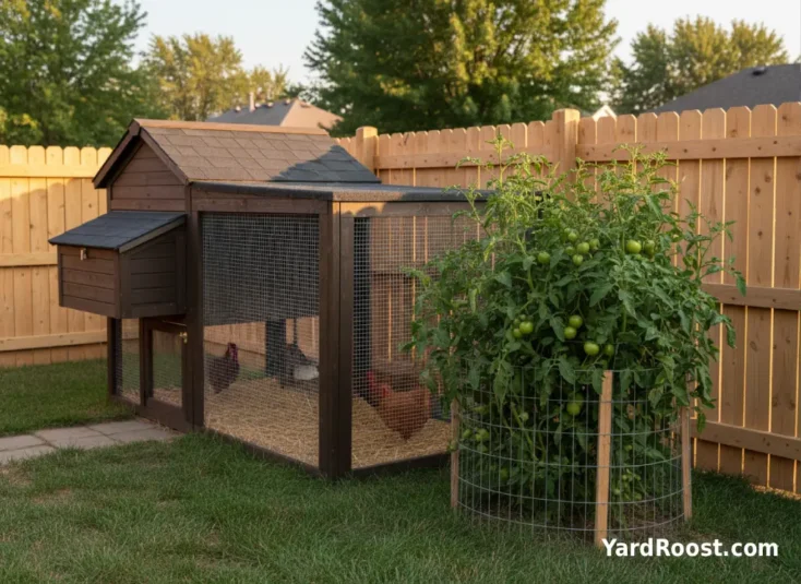 Tomato plant with green tomatoes secured behind hardware cloth beside a chicken run.