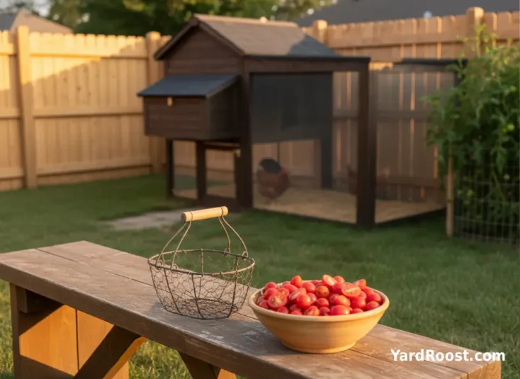 Halved ripe cherry and grape tomatoes in a bowl on a bench near a backyard coop.