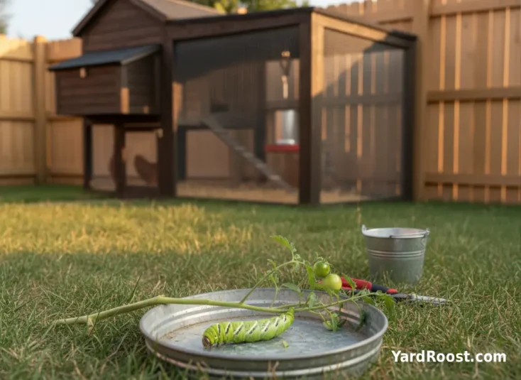 Green tomato hornworm on a tomato stem over a tray beside a chicken run.