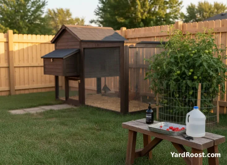 Soap and water setup on a bench near a coop gate with a tray of tomato treats.