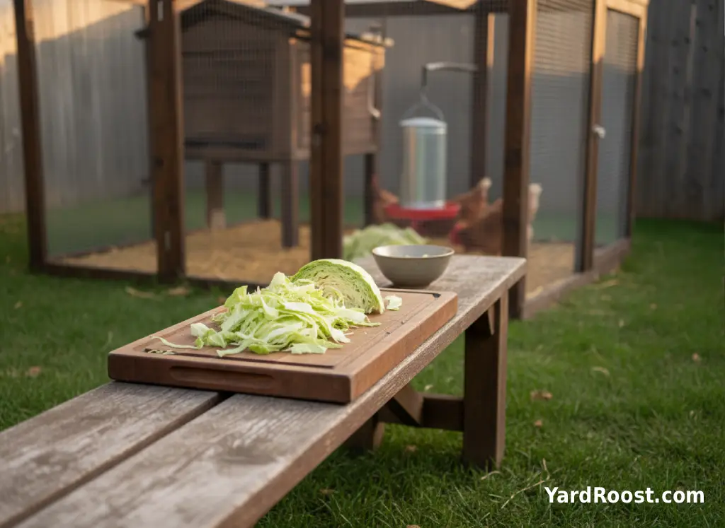 A clean cutting board with chopped cabbage and a small bowl, next to a coop run door.