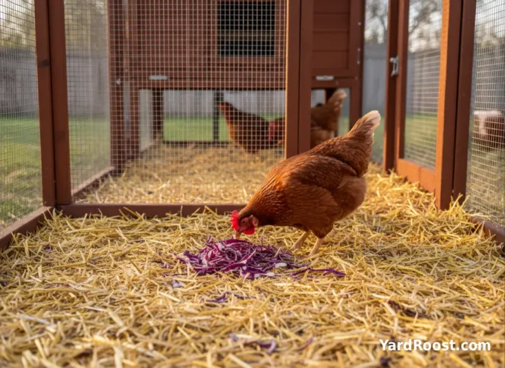 Shredded red cabbage sprinkled lightly over straw with a hen pecking at the purple pieces.