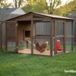 A hen in a covered run sneezes once near a dusty hanging feeder.