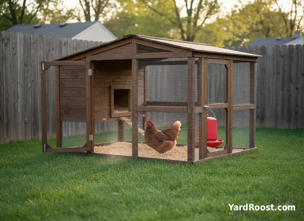 A hen in a covered run sneezes once near a dusty hanging feeder.
