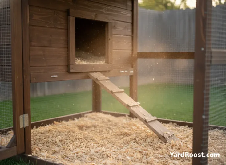 Dust motes float in a sunbeam above dry bedding inside a backyard chicken coop.