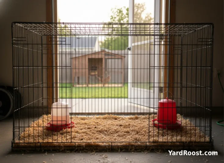 A simple isolation crate with fresh bedding and a separate waterer set up near the coop.