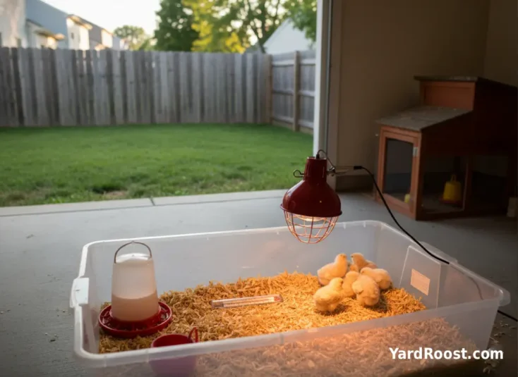 A chick brooder with a heat lamp and thermometer placed at chick level.