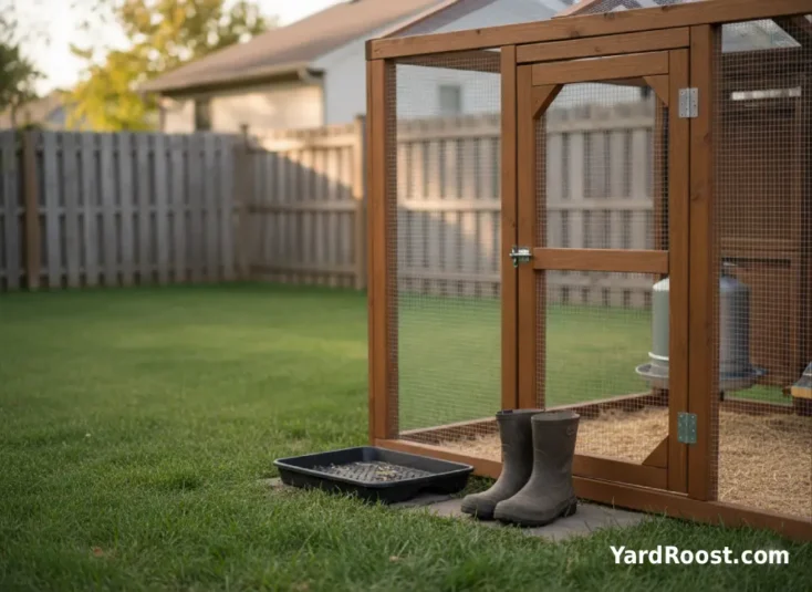 Dedicated coop boots and a shallow boot tray sit beside the run gate.