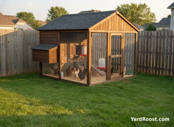 A calm flock stands in a clean, well-ventilated run beside a tidy coop at sunset.