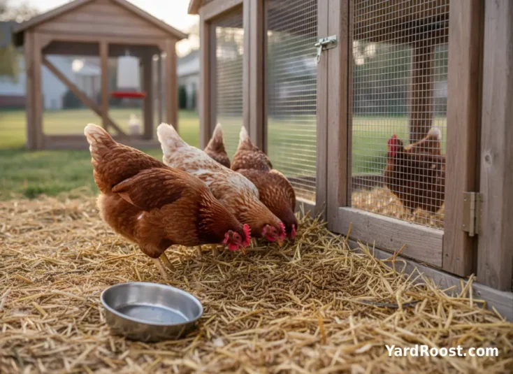 A small flock pecking at a scattered sprinkle of mealworms on clean straw near a covered run door.