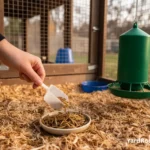 A measuring scoop hovering over a small treat dish with mealworms beside a feeder in a covered run.