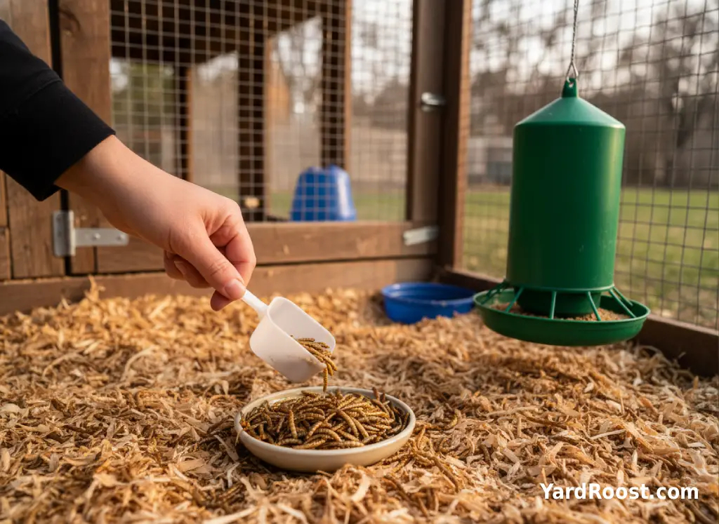 A measuring scoop hovering over a small treat dish with mealworms beside a feeder in a covered run.