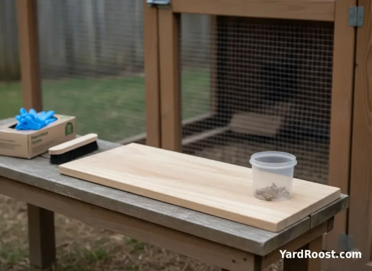 A clean coop droppings board and a small sealed sample container on a bench near the run.