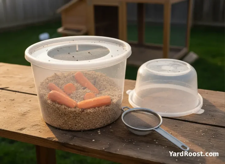 A simple plastic mealworm bin with bran bedding and sliced carrot pieces on a workbench near the coop.