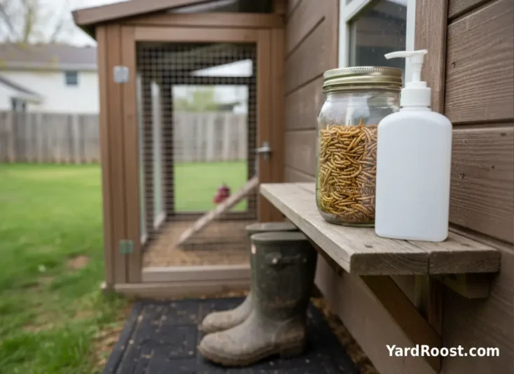 A sealed jar of dried mealworms next to hand sanitizer on a small shelf outside a chicken coop.