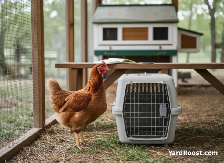 A calm hen standing near a carrier at the edge of a covered run in a backyard.