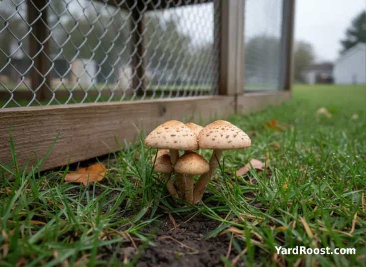 Small wild mushrooms in damp grass beside a covered chicken run after rain.