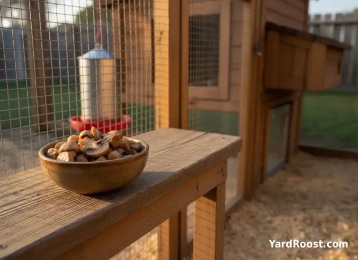A small bowl of plain cooked mushroom pieces set near a feeder inside a covered chicken run.