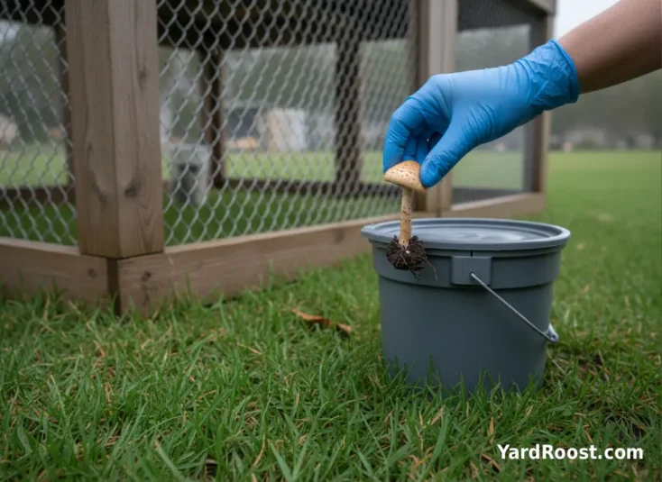 A gloved hand removing a small wild mushroom from grass beside a covered chicken run.