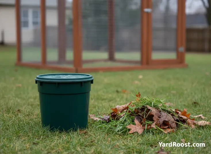 A lidded compost bucket outside a chicken run next to damp leaves and grass clippings.