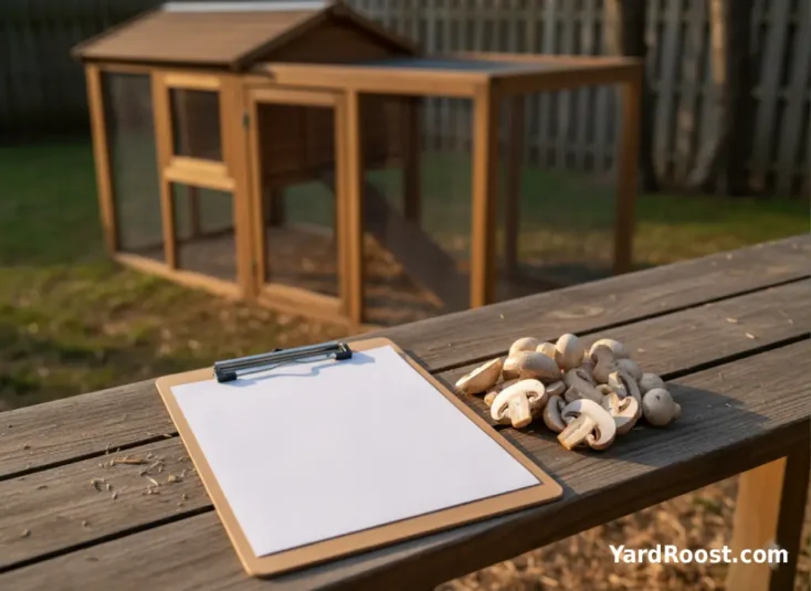 A clipboard with a blank checklist page beside a few grocery-store mushrooms on a bench near a coop.