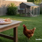A hen looks up at onion slices on a patio table outside a backyard coop.