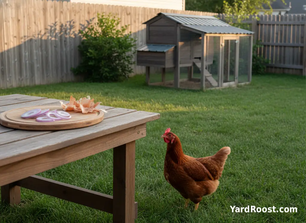 A hen looks up at onion slices on a patio table outside a backyard coop.