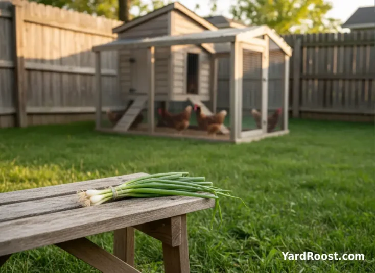 Green onions on a bench outside a coop while chickens stay inside the run.