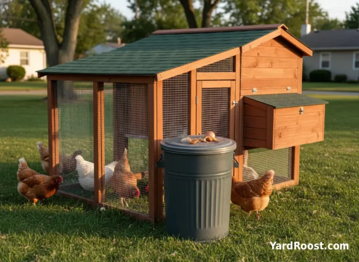 A lidded metal trash can near a coop keeps onion peels away from chickens.