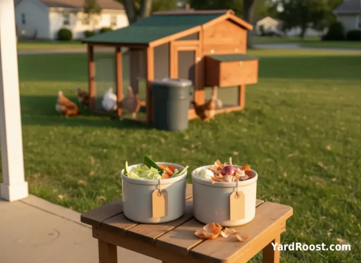 Two scrap bins on a table separate onion waste from chicken-safe scraps.