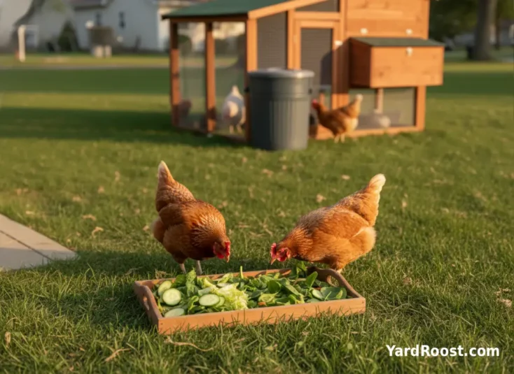 Hens approach a tray of cucumber and leafy greens outside a backyard coop.