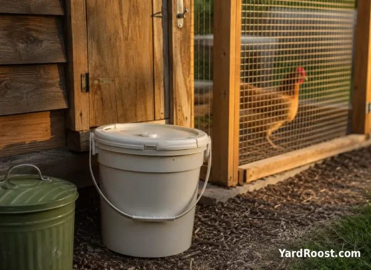 A covered chicken run with a sealed scrap bucket kept outside the mesh near calm hens.