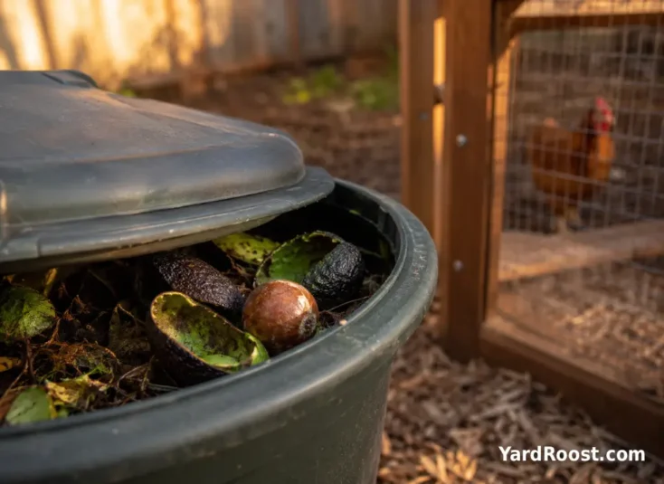Avocado peel and pit sealed away from a chicken run in a closed compost container.