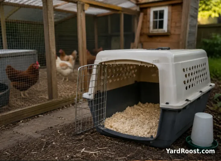 A quiet chicken observation crate set near a covered backyard run after a feeding mistake.