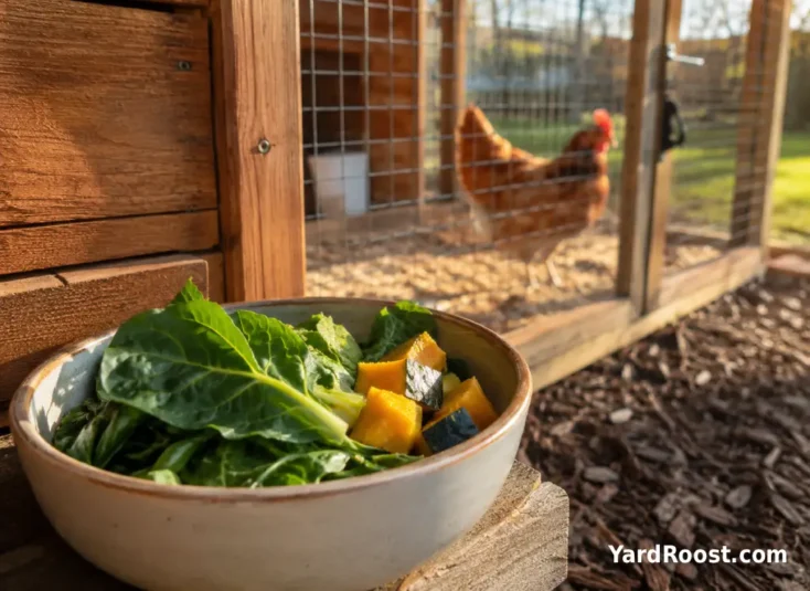 A small bowl of leafy greens and squash set near a backyard chicken run.