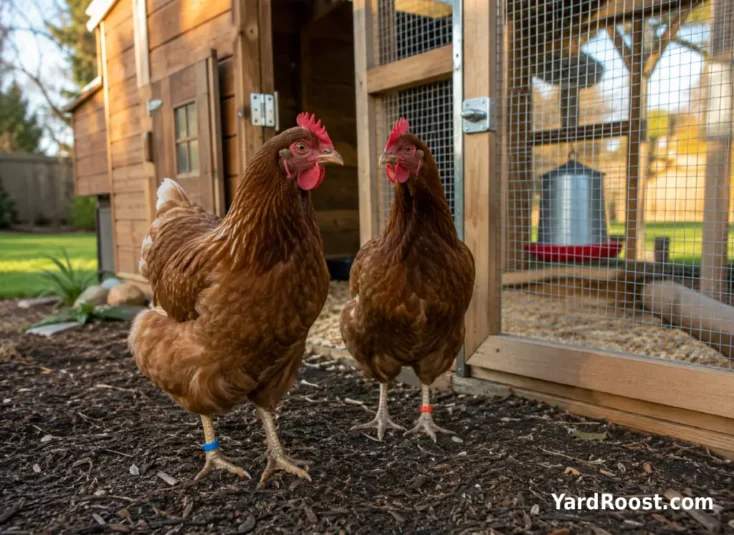 A small backyard flock near a coop run with two similar hens wearing different colored leg bands.