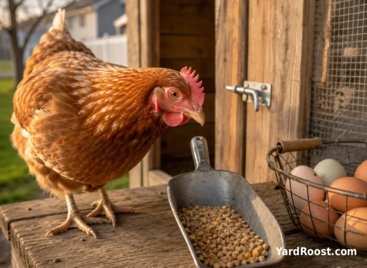 A hen with a curious expression standing beside a feed scoop on a rustic bench near the coop.