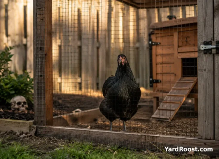 A black-feathered chicken standing in the run near a weathered wood fence and a small skull-shaped garden decor.