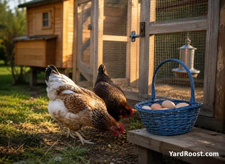 A small flock pecking near a blue egg basket on a bench, with the coop and run in the background.