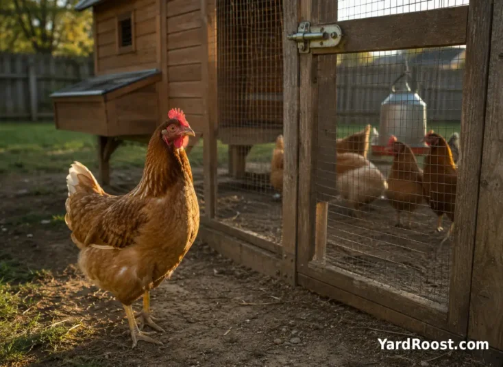 A single hen standing slightly apart from the flock near the run gate, looking alert.