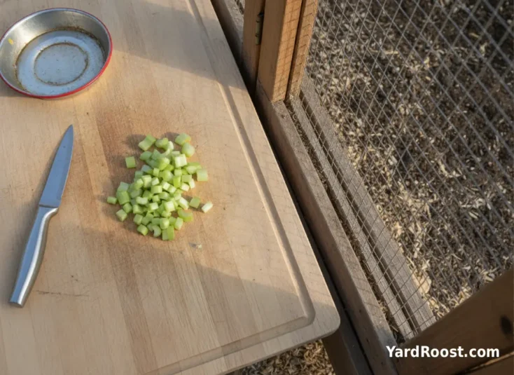 Chopped celery stalk pieces are prepared on a cutting board beside a chicken run.