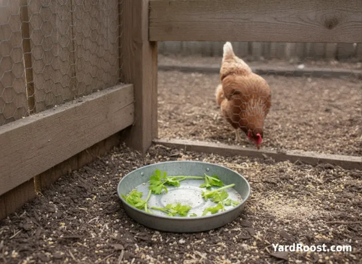 Fresh celery leaves are offered in a shallow pan inside a backyard chicken run.