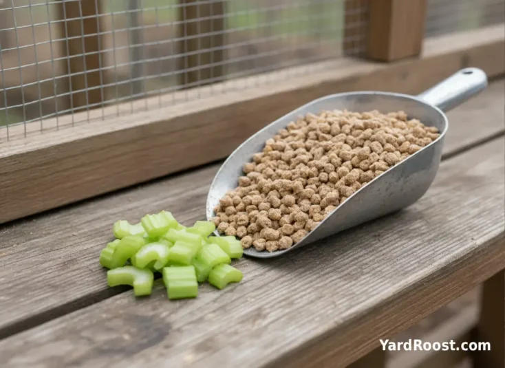 A small handful of chopped celery sits beside a scoop of chicken feed.