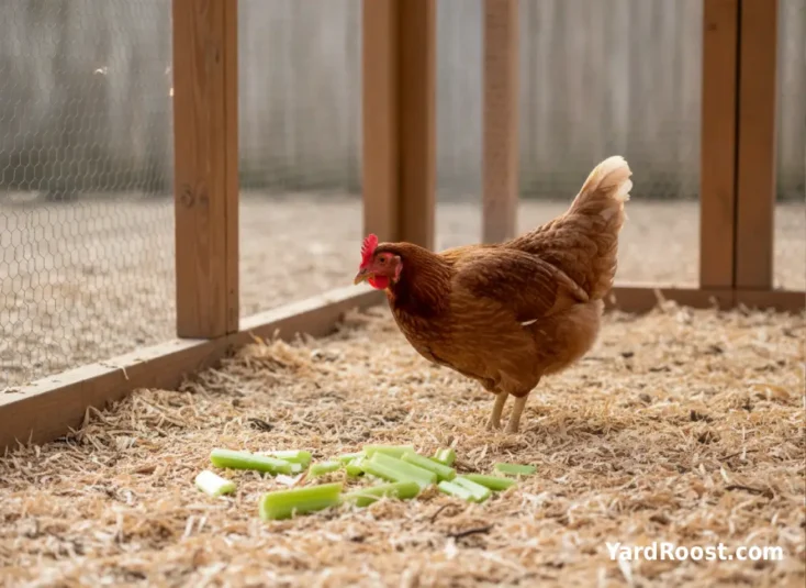 A backyard hen inspects chopped celery pieces on dry pine shavings.