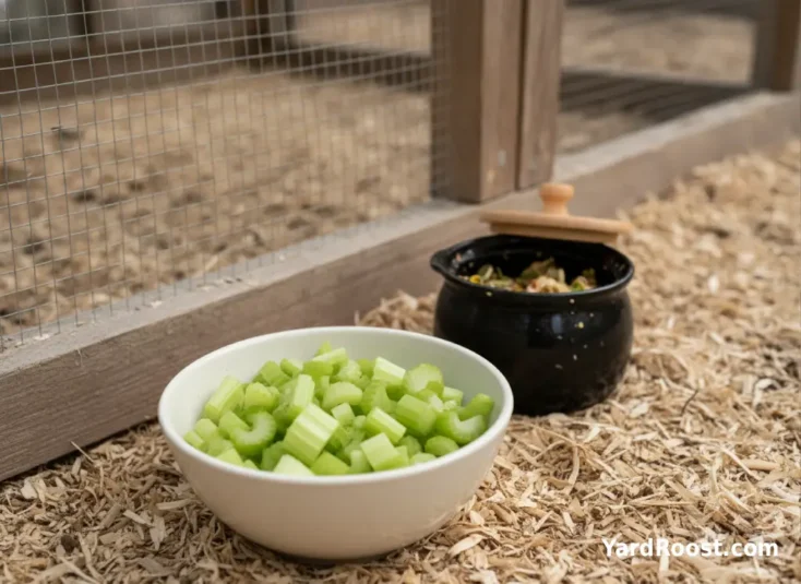Plain chopped celery is separated from seasoned kitchen scraps near a coop entrance.